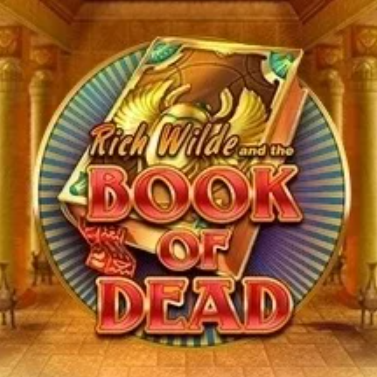 Rich Wilde and the Book of Dead: Grafika przedstawiająca tytuł gry "Book of Dead" na tle egipskiego motywu z ozdobnymi kolumnami.