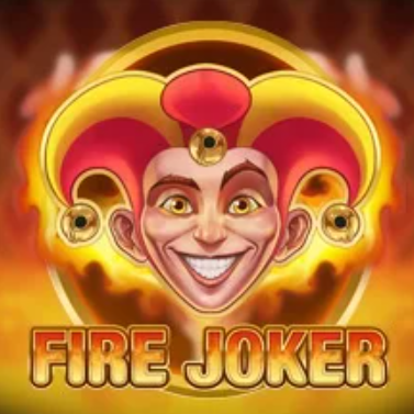 Fire Joker: Grafika przedstawiająca jokera z szerokim uśmiechem na złotym tle, co może sugerować tematykę kasyna lub gier.