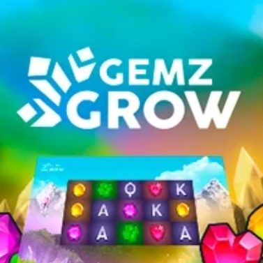 Gemz Grow: Kolorowa grafika z wieloma różnokolorowymi kryształami i prostą planszą do gry, przedstawiająca aplikację lub grę z elementami puzzli.