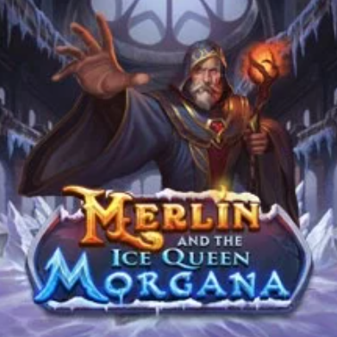 Merlin and the Ice Queen Morgana: Grafika przedstawiająca Merlina w magicznej, zimowej scenerii, trzymającego różdżkę, związana z tematyką magii i legend arturiańskich.