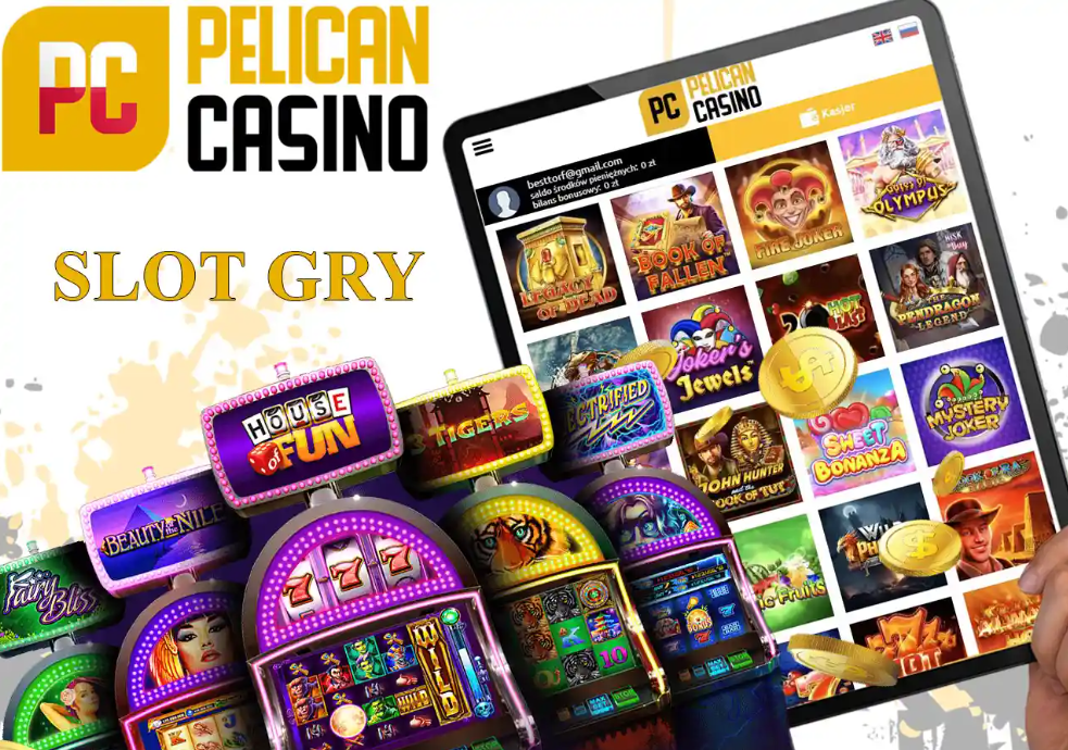 Kreatywna grafika promująca sloty w Pelican Casino, pokazująca różne automaty do gry i interfejs użytkownika na tablecie z logo Pelican Casino oraz napisem 'SLOT GRY' na tle w stylu kasyna.