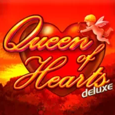 Queen of Hearts Deluxe: Czerwone tło z wielkim złotym sercem i napisem "Queen of Hearts Deluxe", co wskazuje na romantyczną lub kartową tematykę gry.