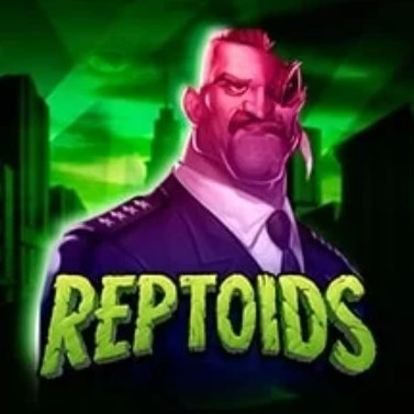 Reptoids: Grafika przedstawiająca postać mężczyzny o cechach jaszczura w garniturze na tle neonowych świateł, sugerująca motyw gier z elementami science fiction.