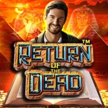 Return of the Dead: Grafika z uśmiechniętym mężczyzną na tle egipskich motywów i hieroglifów, sugerująca przygodową tematykę gry o starożytnym Egipcie.
