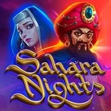 Sahara Nights: Grafika z postaciami z Bliskiego Wschodu, w tym kobieta w błękitnym nakryciu głowy i mężczyzna w czerwonym turbanie, z napisem "Sahara Nights" na tle pustyni.
