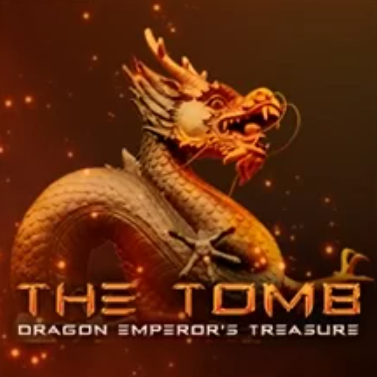 The Tomb Dragon Emperor's Treasure: Grafika przedstawiająca złotego smoka wznoszącego się nad napisem "The Tomb Dragon Emperor's Treasure", sugerująca tematykę skarbu smoka cesarza.